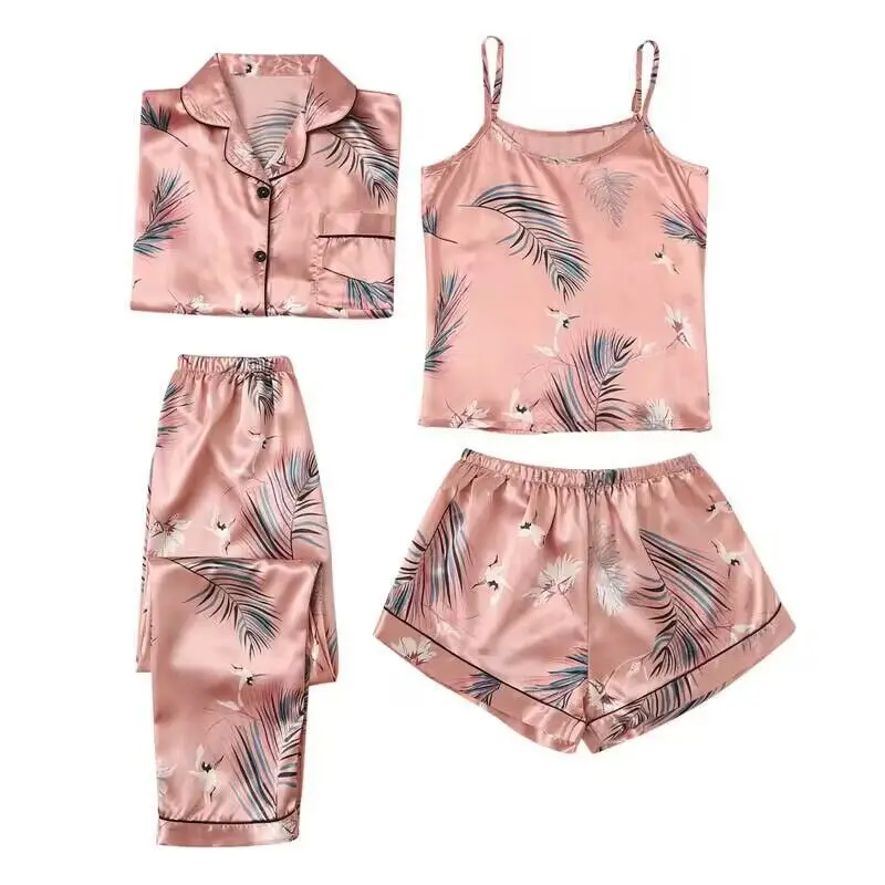 Womens Silk Satin Pajama Sets 4Pcs Button Down Pj Set Short Sleeve Sleepwear Loungewear Pjs Nightwear S XXXL