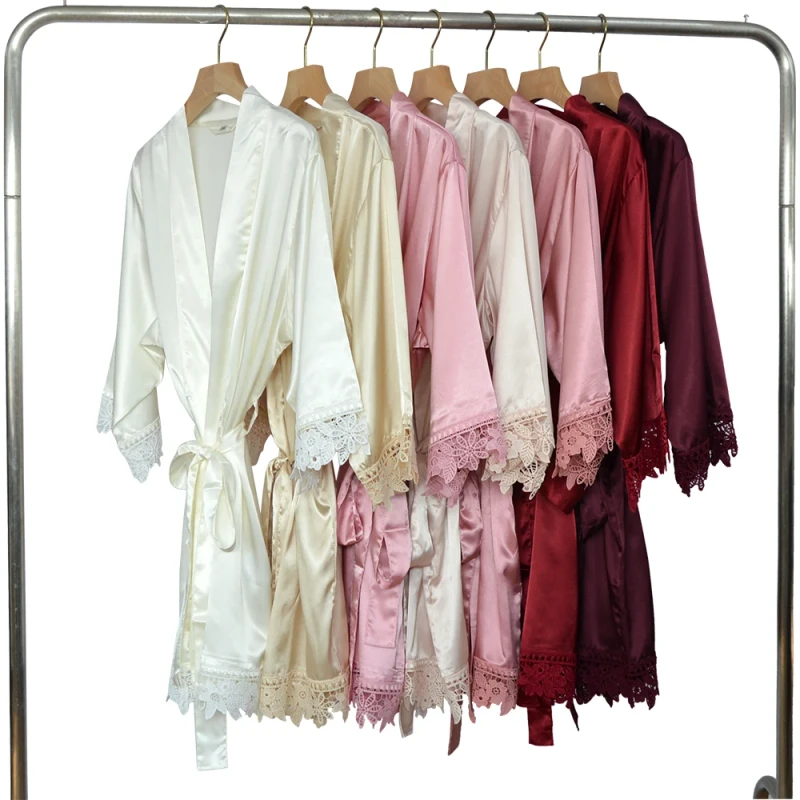Women's Silk Satin Solid Kimono Robe Plus Size Lace 3/4 Sleeve Knee Length Nightdress