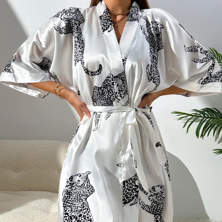 Womens-Simple-Fashion-Nightgown-Pajamas-Cross-Border-Sexy-Casual-Home-Clothes-Leopard-Cardigan-Elastic-Waist