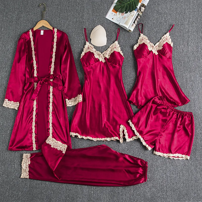 Women's Sleepwear 5pcs Floral Lace Trim Satin Cami Pajama Set with Robe