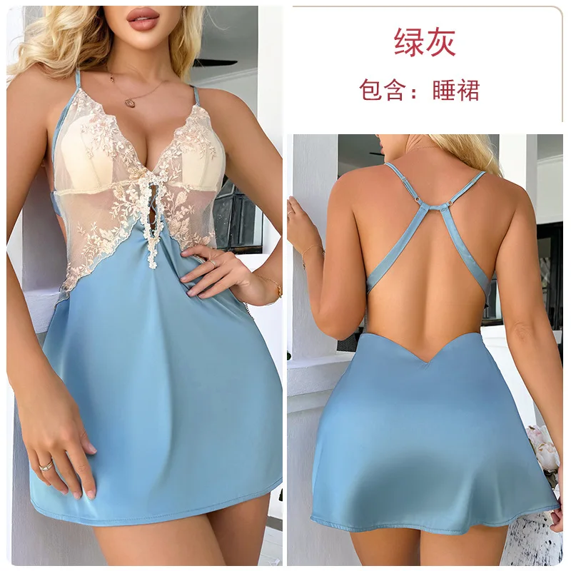 Women's Sleepwear Chest Pad Contrast Lace Nightgown With Thong Pajamas Set Gr1298