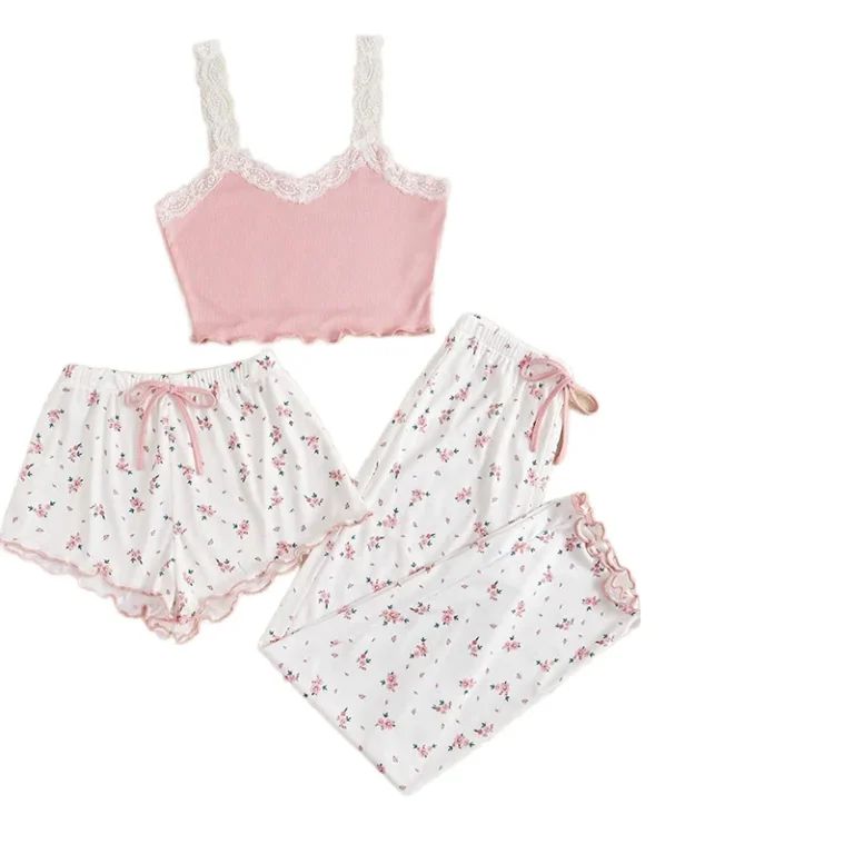 Womens-Sleepwear-Sexy-Solid-Cami-Top-Shorts-Pants-Home-Wear-Pajamas-Set-ODM-Drawstring-Soft-Milk-Silk-3in1-Nightwear