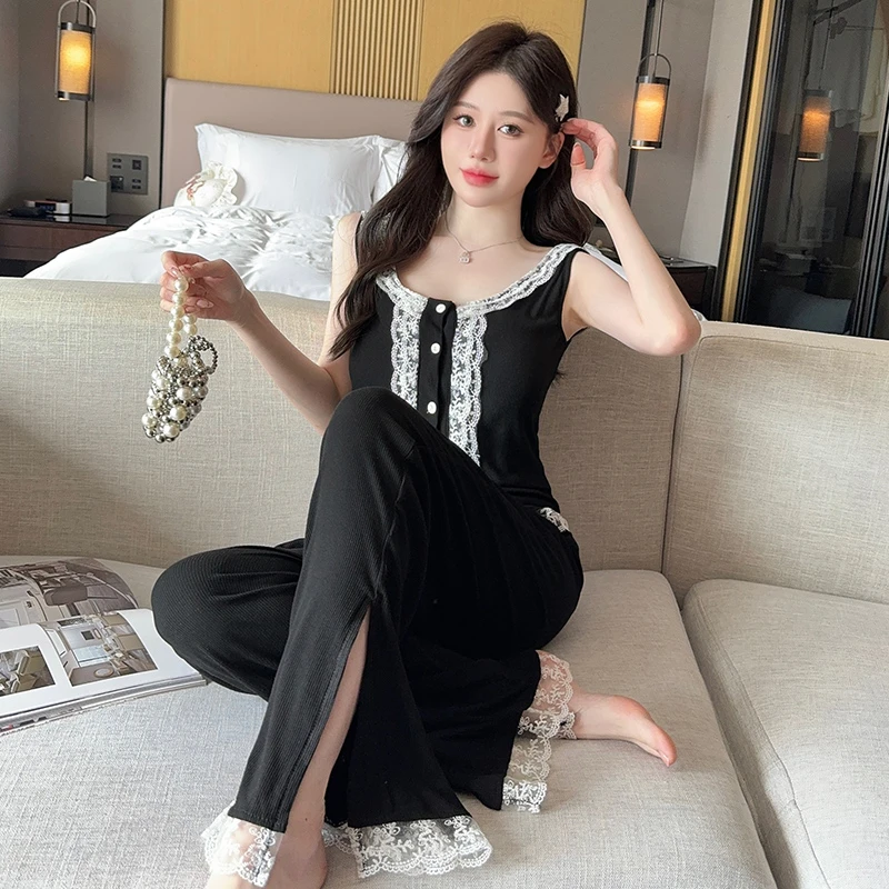 Women's Sleeveless Cotton Knit Nightgown Set White Black