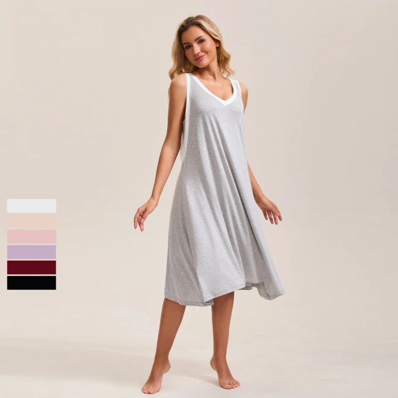 Women's Sleeveless Nightgown V Neck Sleepwear, Soft Loungewear, Loose Fit, Contrast Binding
