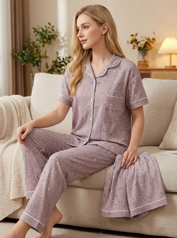 Women's Soft Breathable Elastic Waist Luxury Ladies Girls 3 Pcs Pajamas Set Nightwear
