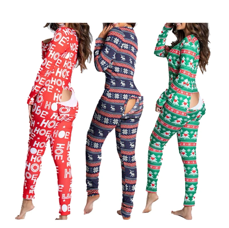Women's Soft Breathable Elastic Waist Onesie Print Sleepwear Long Sleeve V Neck Christmas Adult Jumpsuit Butt Flap Tail Pajamas