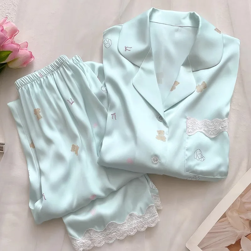 Women's Soft Breathable Long Sleeve Pajama Set with Bow Pants All Season Home Wear Outerwear