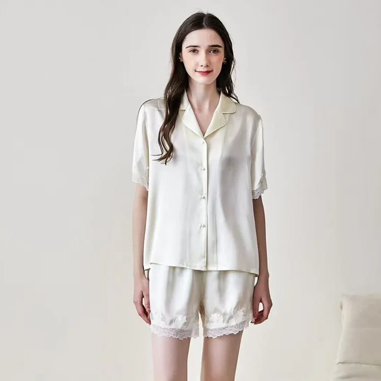 Women's Soft Casual 100% Silk Pajamas Set Short Sleeved Satin Sleepwear Elastic Waist for Home Wear Summer Spring Front Logo