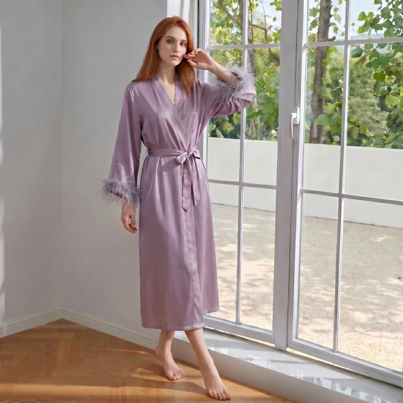 Women's Soft Smooth V Neck Acetate Casual Color Blocking Border Elegant Long Sleeved Quick Drying Robes