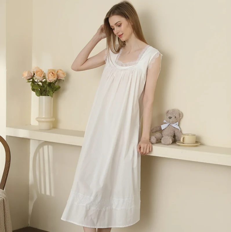 Women's Soft Woven 100% Cotton Sleep Dress Gown with Casual Night Robe Customized Color All Season Indoor Comfort