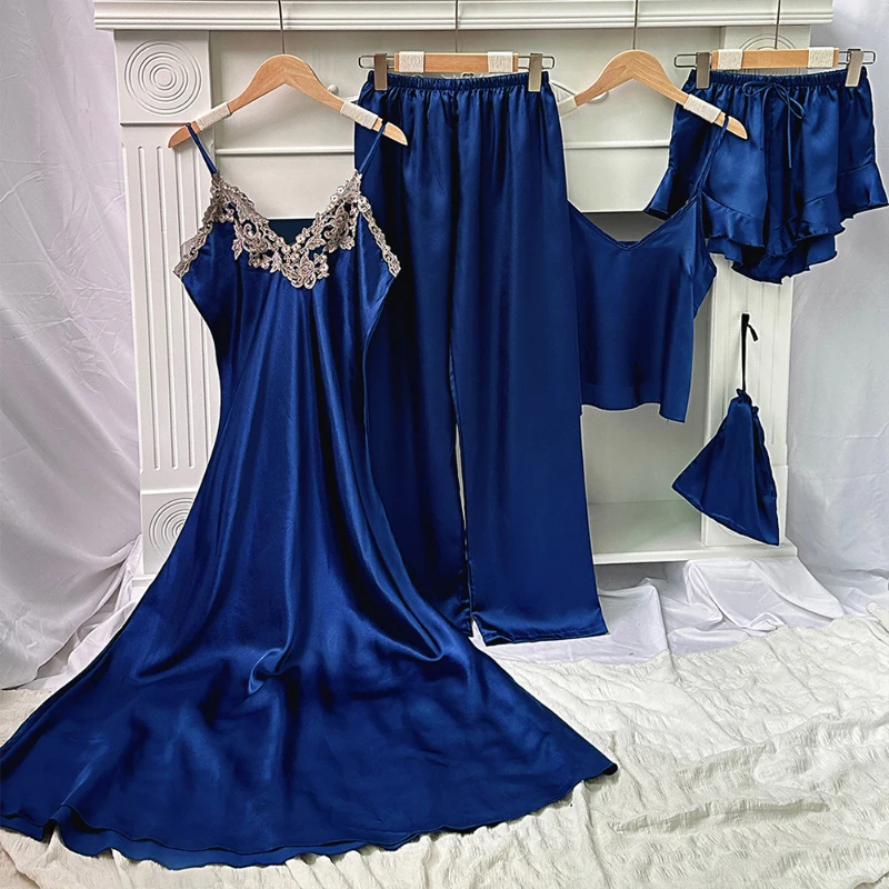 Women's Solid Color Pajamas Five Piece Set Camisole Shorts Long Pants Loungewear Spring Summer Comfortable Loose Pajama Set