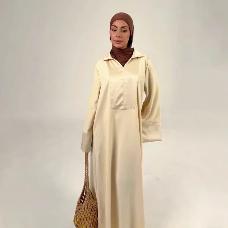 Womens-Solid-Color-Polyester-Abaya-Dubai-Robe-with-POLO-Collar-Loose-Traditional-Muslim-Clothing