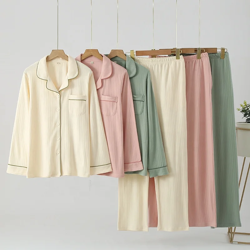 Women's Solid Color Pure Cotton Long Sleeve Pajamas Set Women's Sleepwear with Collar for Outerwear & Homeweare