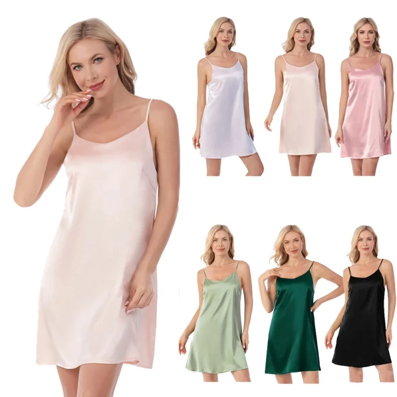 Women's Solid Color Silk Satin Nightdress, Quick Dry Camisole Sleepwear