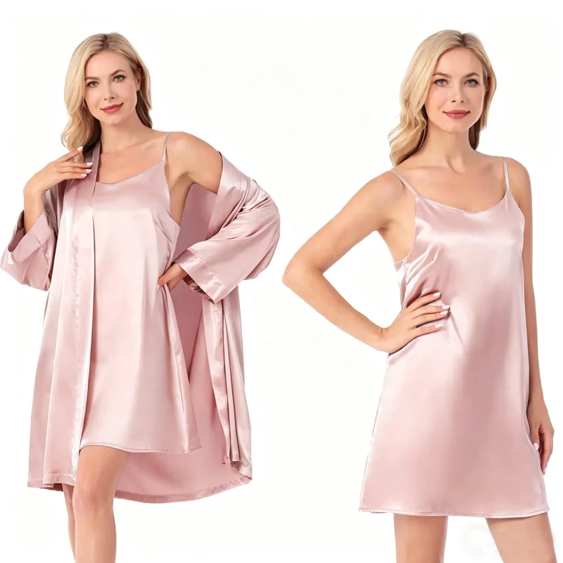 Women's Solid Satin Robe Nightie Smooth Soft Lingerie Bride Bridesmaids Summer Adjustable Strap Dress Gown
