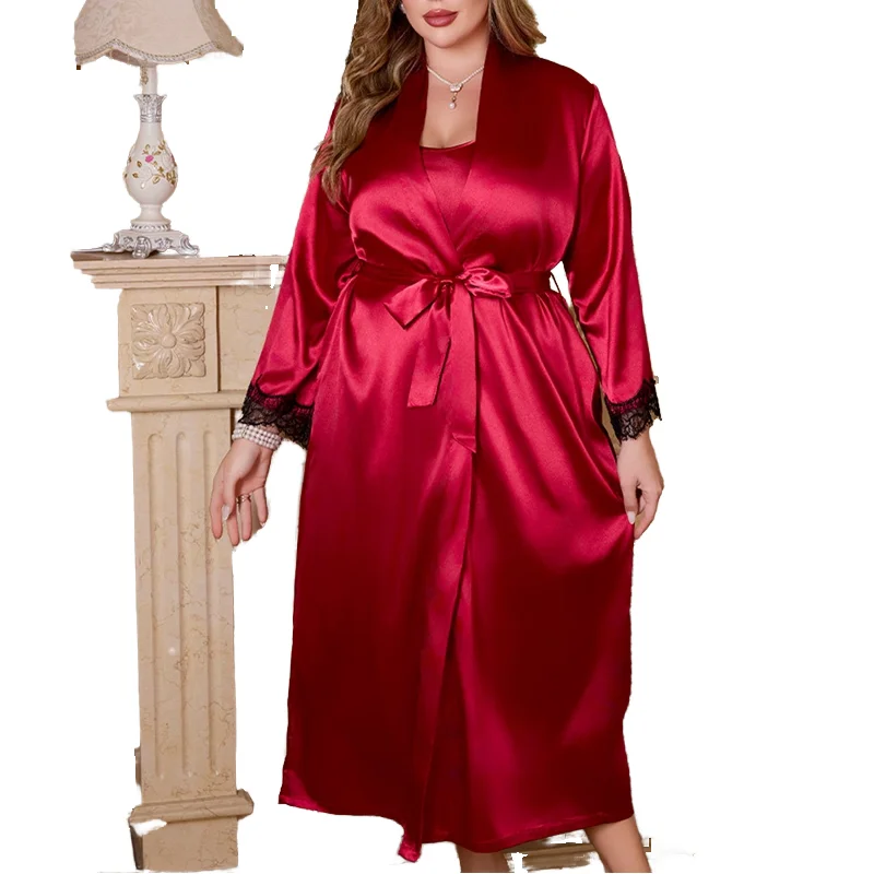 Women's Solid V-neck Satin Nightdress with Quick Dry Elastic Waist Bathrobe Sleepwear