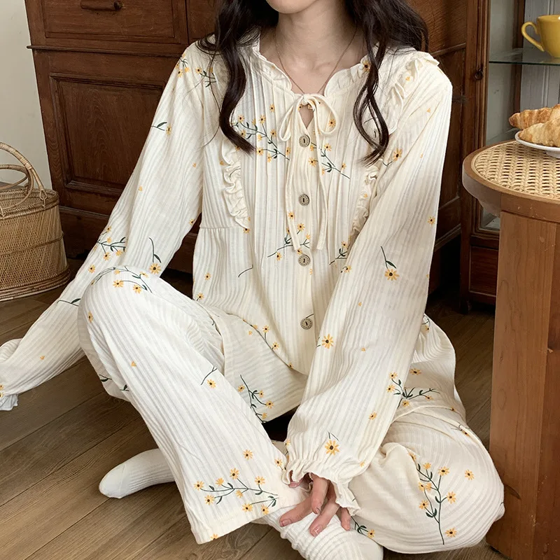 Women's Spring Autumn Pure Cotton Woven Two-Piece Floral Long Sleeves & Pants Pajama Set Quick Dry Elastic Waist