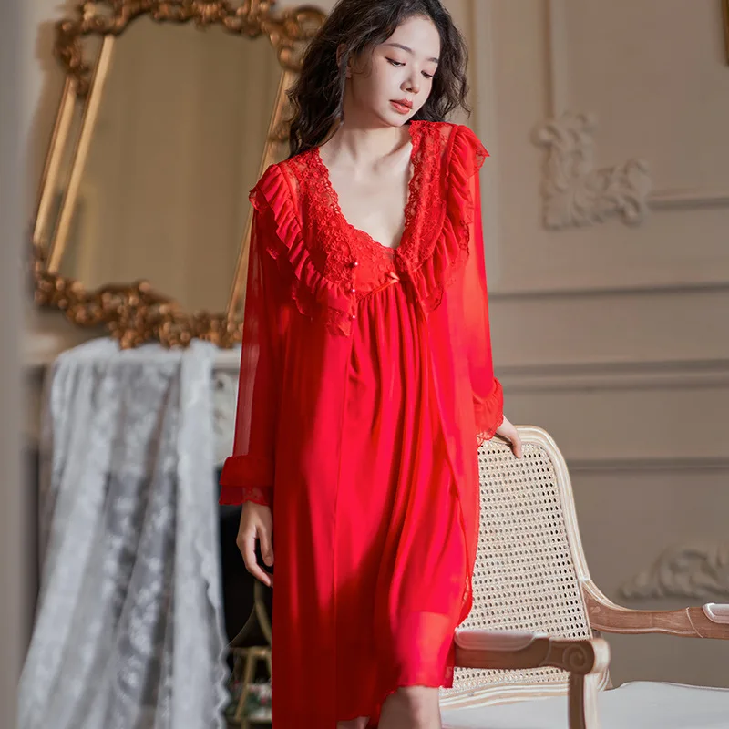 Women's Spring Autumn Two piece Nightdress Set Long Sleeve Red Lace Trim Elastic Waist Thin Chest Pad
