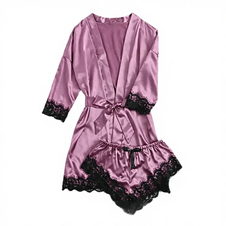 Womens-Spring-European-American-Pajama-Robe-Four-Piece-Set-Lingerie-Plus-Size-Elastic-Waist-Satin-Smooth-Loungewear-Lace