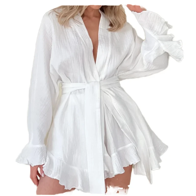 Women's Spring Summer Autumn Cotton Robe Pajama Long Sleeve Ruffle Casual Loungewear Breathable Super Soft