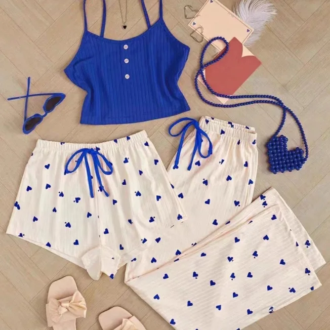 Womens-Spring-Summer-Breathable-Casual-Three-Piece-Pajama-Set-with-Stylish-Camisole-Shorts-Sexy-Loungewear