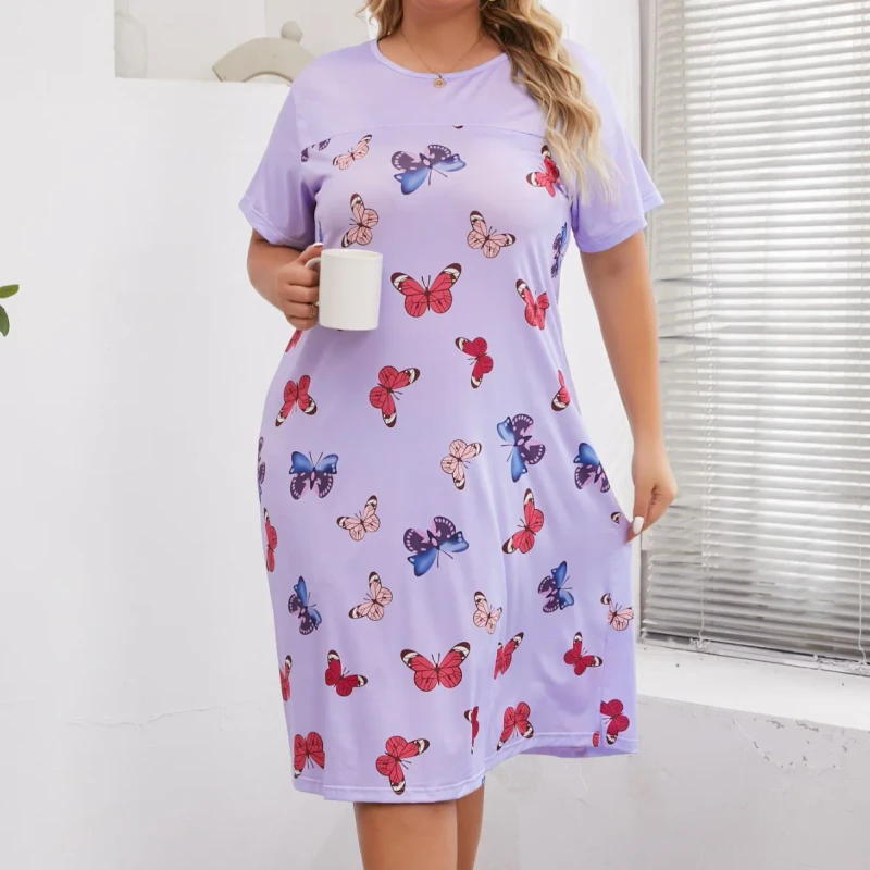 Women's Spring and Summer Short-sleeved Butterfly Print Nightdress Home Clothes Large Size Casual Pajamas