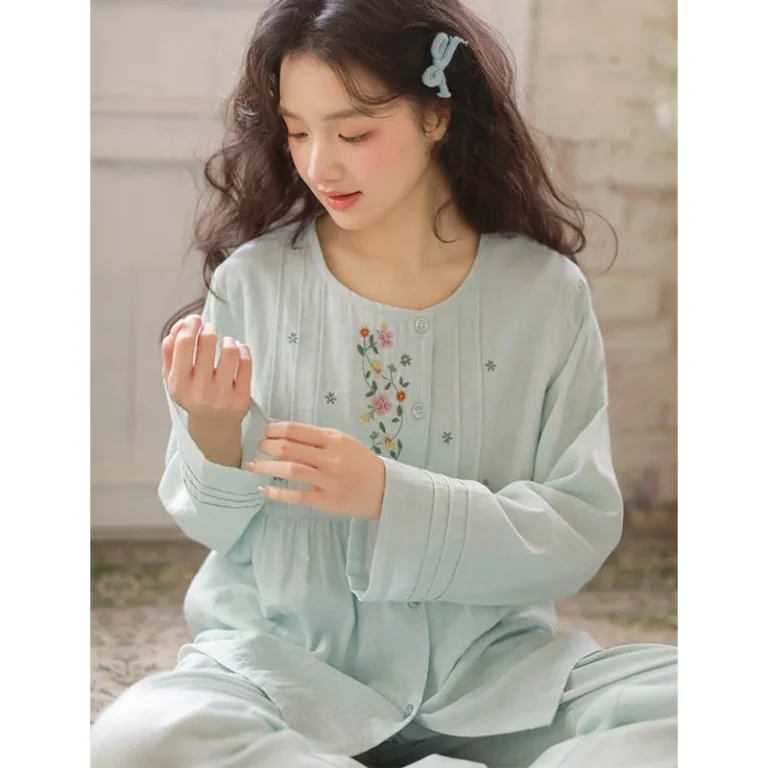 Womens-Spring-autumn-New-Thin-Japanese-Sweet-Princess-Embroidery-Cardigan-Long-Sleeve-Round-Neck-Pajamas-Wearable-Sleep