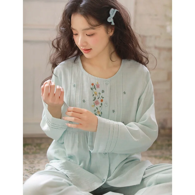 Women's Spring autumn New Thin Japanese Sweet Princess Embroidery Cardigan Long Sleeve Round Neck Pajamas Wearable Sleep