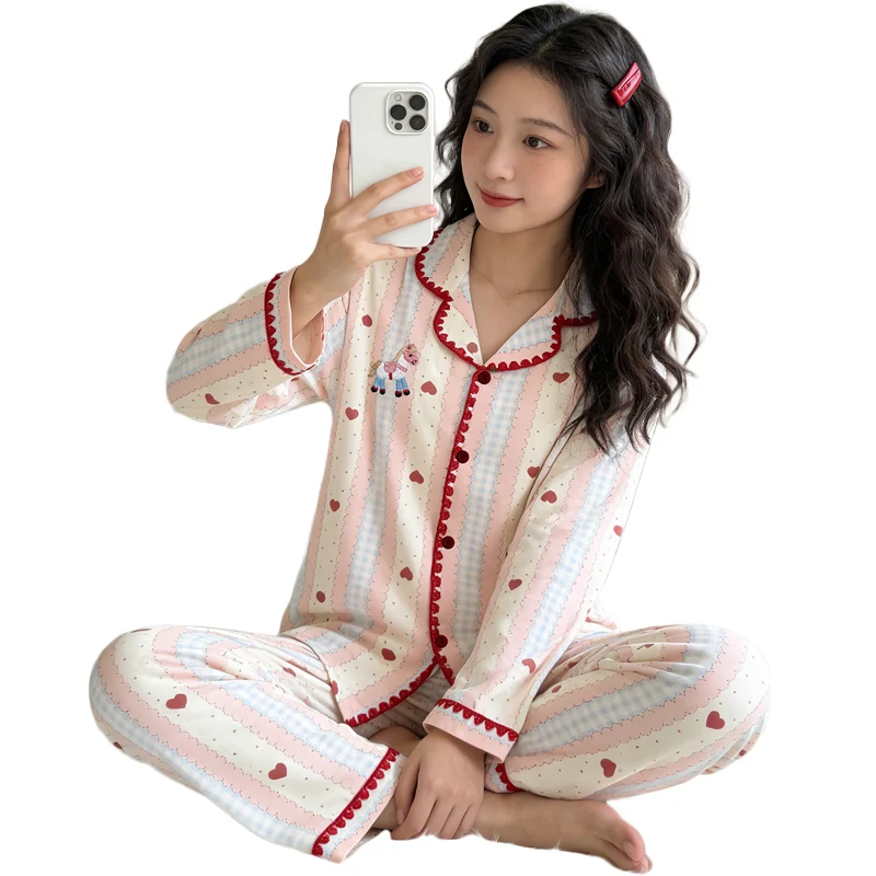 Women's Spring fall Sleepwear Rounded collar Sweet style Long sleeve Loungewear