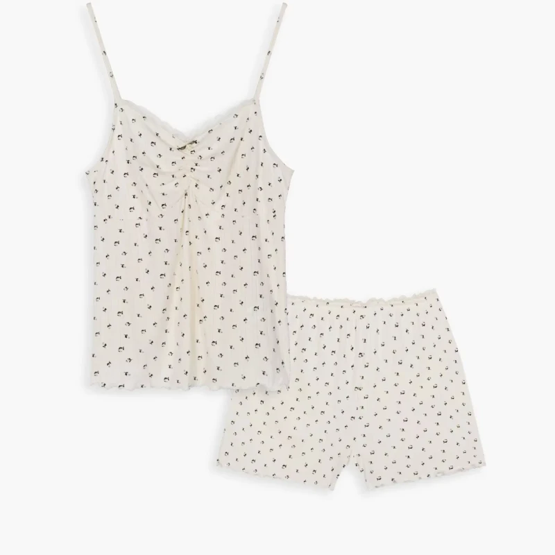 Women's Summer Autumn Spring ODM Knitted Floral Printed V neck Elastic Waist Sleeveless Breathable Camisole Pajama Set Shorts