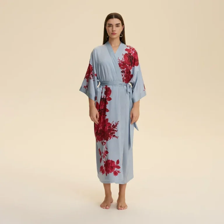 Womens-Summer-Breathable-Elastic-Waist-V-neck-Satin-Robes-Long-Sleeve-Full-Length-100-Polyester-Home-Wear