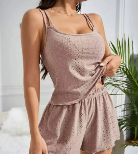 Womens-Summer-Breathable-Mesh-Casual-Shorts-Camisole-Robe-Set-Sleepwear-Home-Wear