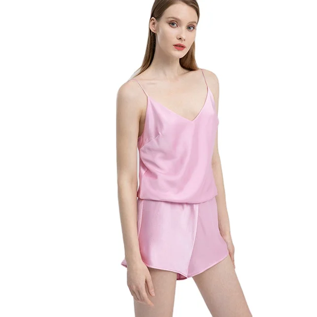 Womens-Summer-Breathable-Pink-Satin-Pure-Silk-Camisole-Tops-and-Shorts-Silk-Pajamas-Sets