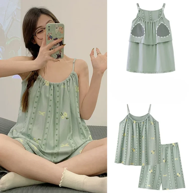 Womens-Summer-Camisole-Pajama-Set-Built-In-Padding-Pure-Cotton-Soft-Neck-Shorts-Sexy-Sweet-Yet-Alluring-Style-ODM-2-Piece