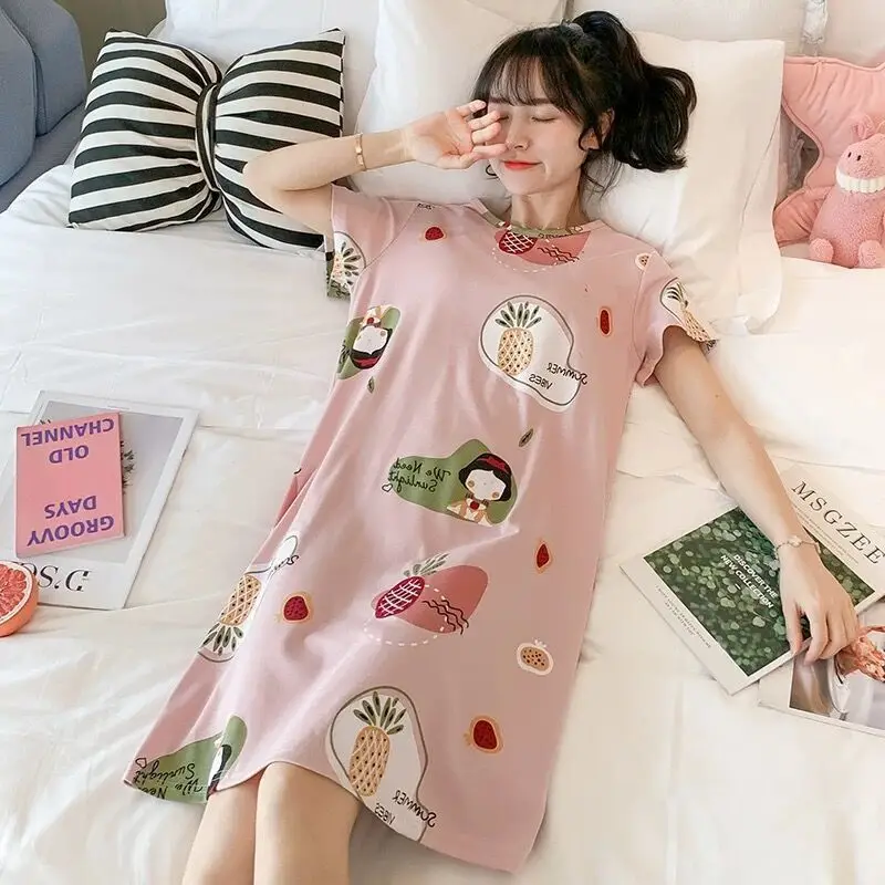 Women's Summer Cartoon Cute Jumpsuit Nightgown Loose Sweet Short Sleeves Large Size Knitted Sleepwear Nightdress