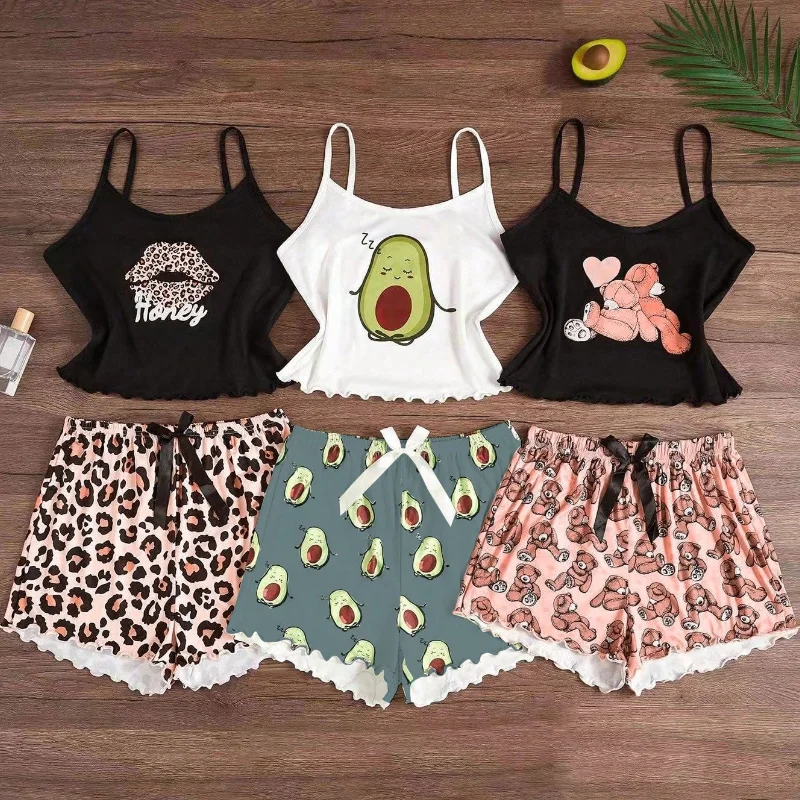 Women's Summer Cartoon Printed Leopard Print Pajama Set with Bowknot Deco Camisole Shorts Set Cami Pajama Sets