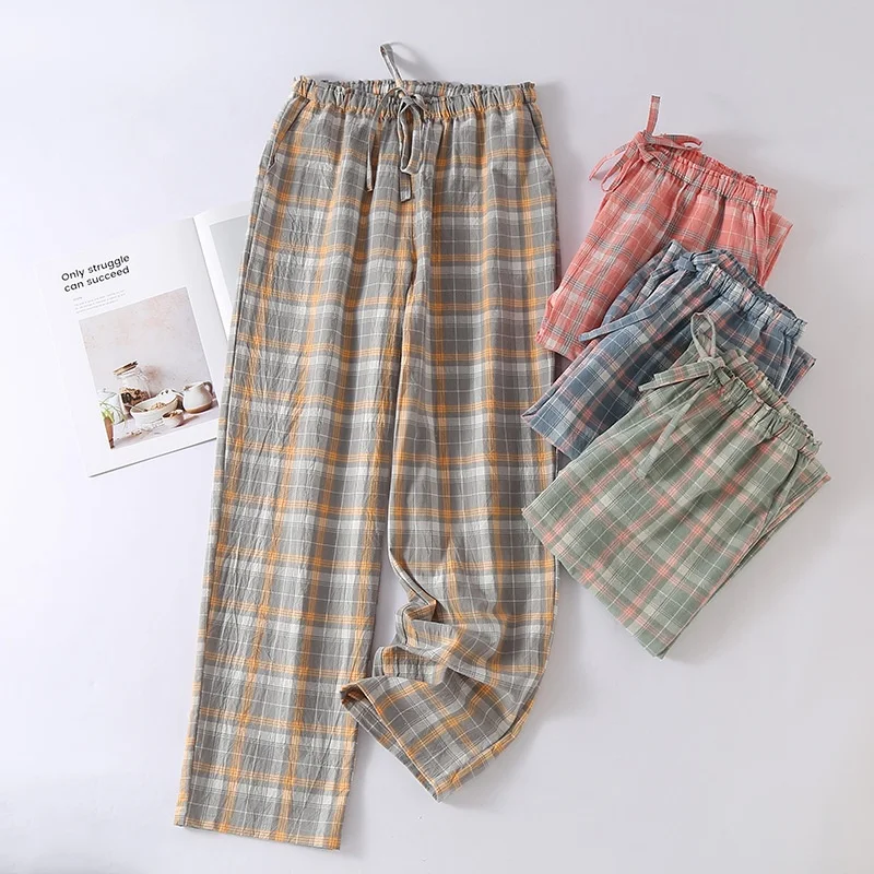 Women's Summer Casual Elastic Waist Outer Pajama Pants Spring Autumn Washed Cotton with Side Pockets Four-Season Home Wear