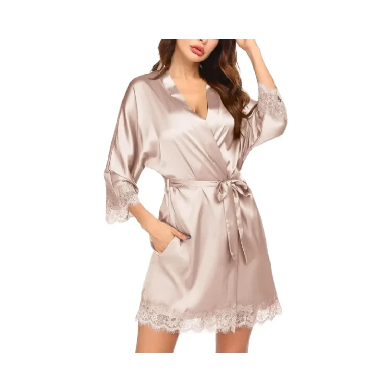 Womens-Summer-Comfort-Robe-3-4-Sleeve-Satin-Kimono-Lace-Trim-Knee-Length-Bride-Robe-Handy-Pockets-Elastic-Waist-Closure