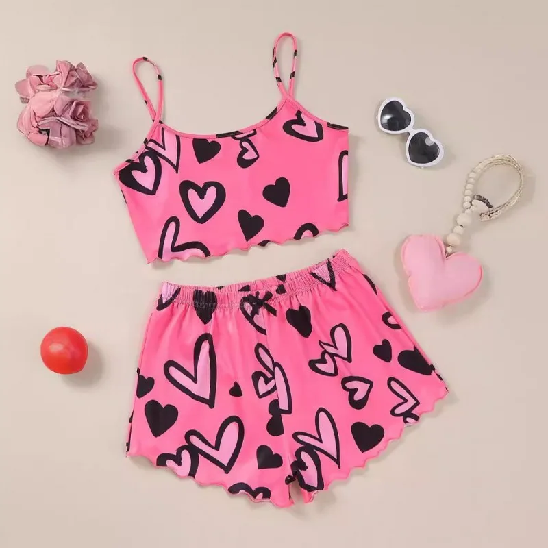 Women's Summer Heart shaped Printed Pajamas 2 piece Set Breathable Camisole Top Shorts Pajamas