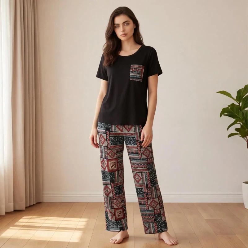 Women's Summer Homewear Sleepwear Set Polyester Spandex Short Sleeve Top Long Pants Two Piece Lightweight Breathable