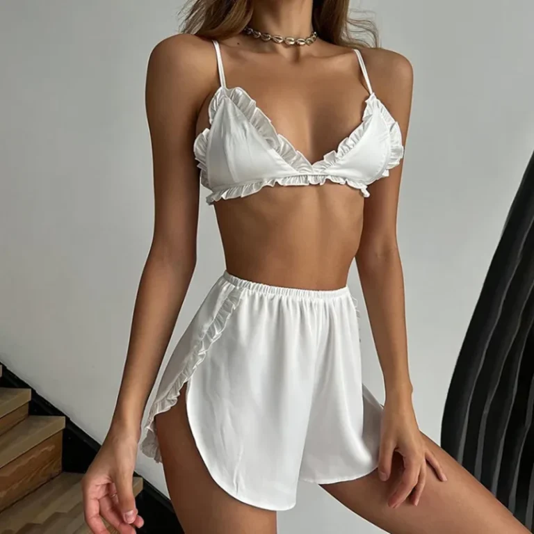 Womens-Summer-Ice-Silk-Camisole-Two-Piece-Set-Ruffled-Pajamas-Fashion-Home-Wear