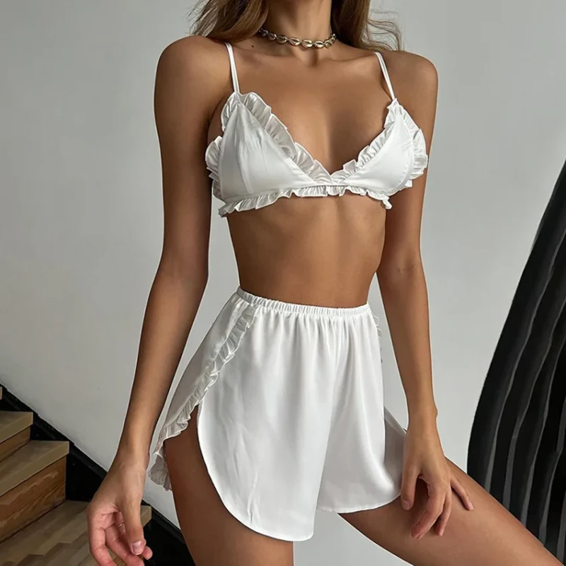 Women's Summer Ice Silk Camisole Two Piece Set Ruffled Pajamas Fashion Home Wear