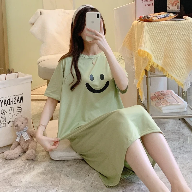 Women's Summer Korean Sweet Nightdress Short Sleeved Plus Size Pajamas Woven Fabric Home Clothes for Spring Season