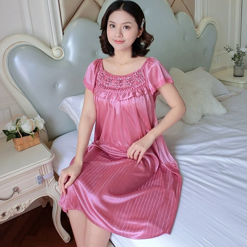 Women's Summer Lace O Neck Nightgown Soft Cool Silk Sleepwear Pyjama Dress Plus Ice Silk Nightdress for Women