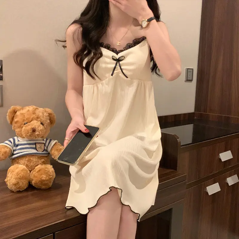 Women's Summer Lace Trimmed Apricot Colored Slip Dress for Loungewear