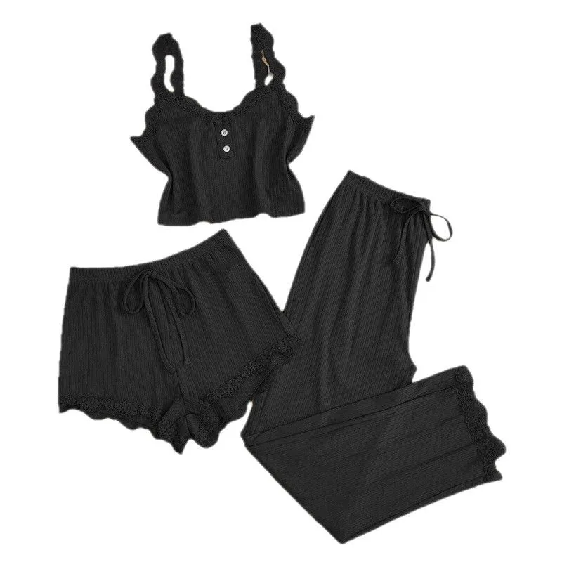 Women's Summer Luxury Three Piece Slim V neck Elastic Waist Knitted High Rise Pajama Set Lace Camisole Long Shorts Solid Pattern