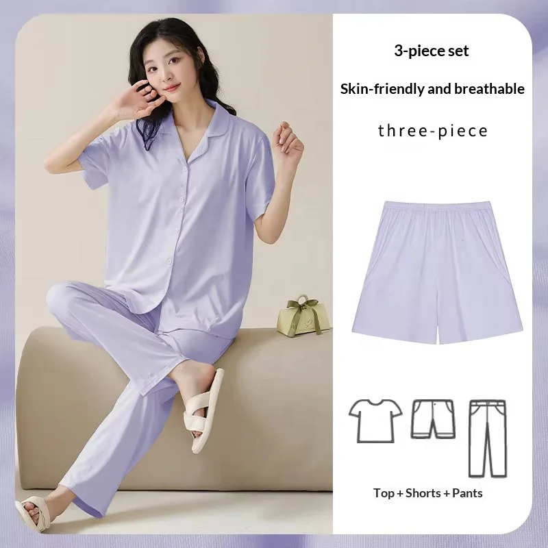 Women's Summer Lyocell Cotton Spandex Pajama Set Three-Piece Minimalist Style Short-Sleeve Top Long Pants for At-Home