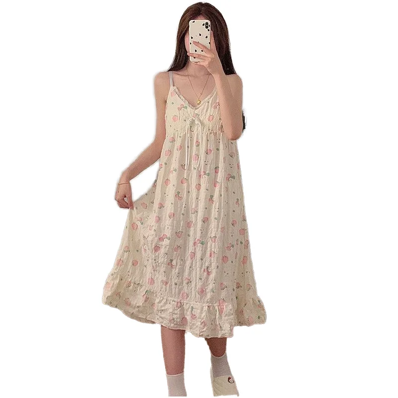Women's Summer New Cloud Cotton Halter Nightdress Women with Breast Pad Nightdress V neck Print Casual Nightdress