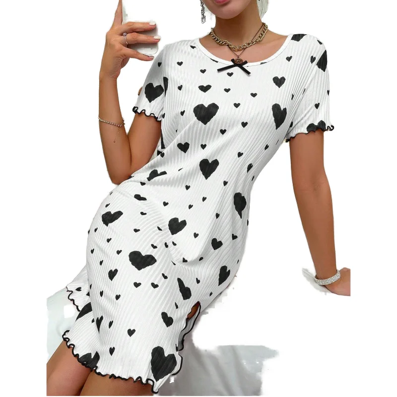 Women's Summer Nightdress Elastic Waist Casual Loose Short Sleeve Heart Print Ribbed Breathable Knitted Size 3XL