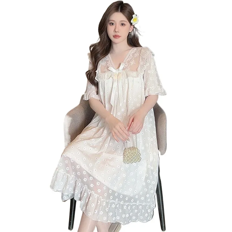 Women's Summer Nightdress Elastic Waist Lace Trim Pajamas Sweet Princess Style Night Gown Dress